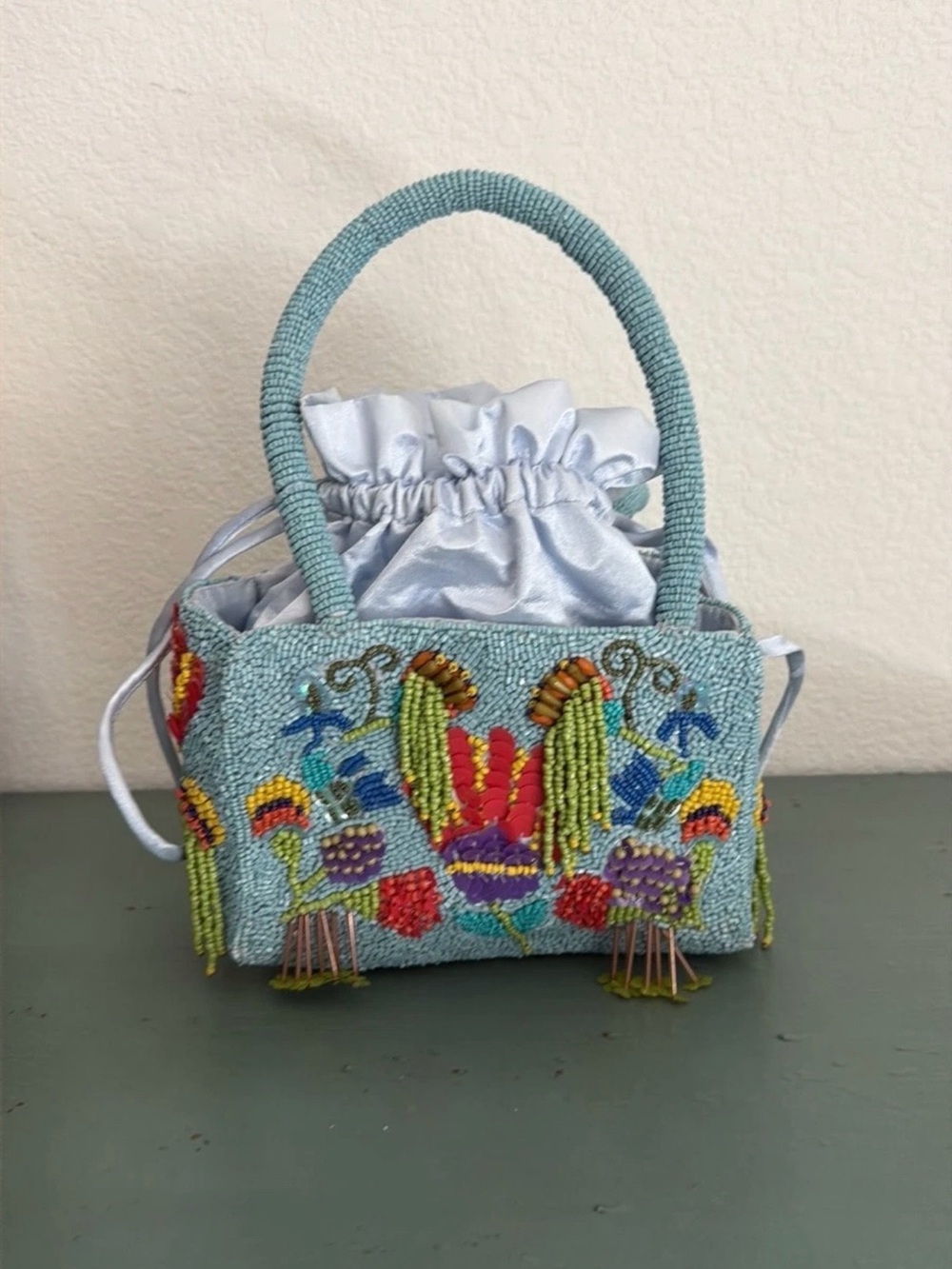 Light Blue Beaded Floral Handbag